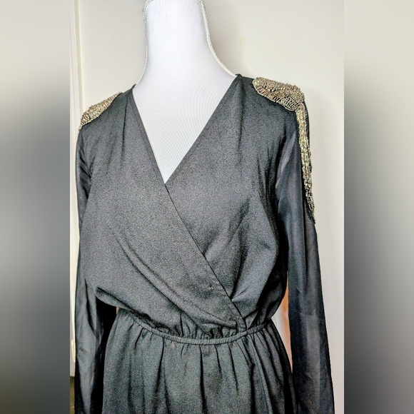 Charlotte Russe Black Beaded Shoulder Dress Long Sheer Sleeve Wrap Elastic Waist - Picture 4 of 8
